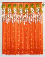 SpecialYou.in 13 Items Chiffon Like Fabric Stitched Orange Cloth with Fairy led Lights & White Wisteria for Backdrop Decoration for Marriage, Home, Room Decor
