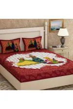 Monik Handicrafts Red 144 TC Jaipuri Prints Cotton Queen Fitted Bedsheet (240 x 220 cm)