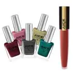 JUICE | NAIL PAINT (BERRY SHIMMER - D02 / DESIRE PINK - D03 / SILVER BULLET - D05 / MAGIC CRYSTAL - D08 / AQUAMARINE CRYSTAL - D10) & LIPTINT (RED VELVET M-07) | WATERPROOF & LONG LASTING | COMBO OF 6