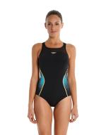 Speedo Women Black, Blue Synthetic Femalw Swimwear Fit Pinnacle X Back (M)