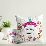 ASHVAH White Round Happy Birthday Neeraj Ceramic Coffee Mug and Cushion with Filler Combo Gift (Pack of 2) AS-D3COMBO-Neeraj-W
