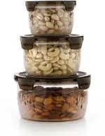 STELITE | 3 Piece Plastic Round Shape Food Grocery Storage Container With Airtight Lid For Kitchen | Jar Set For Kitchen | Kitchen Organizer Container (2400 ml + 1400 ml + 700 ml, Pack of 3- Grey)