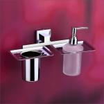 Stainless Steel Chrome Toothbrush Holder with Glass Liquid Soap Dispenser for Bathroom Tumbler Holder Toothpaste Stand with Hand wash Dispenser Bottle for Wash Basin (2 in 1 26N)