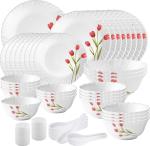 Laopala Opalware White, Pink, Green Novo Radiant Curves Dinner Set (Pack Of 46)