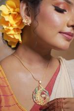 Orfea Women's Designer Gold-Plated Peacock-Shaped Pendant With A Matching Chain And Earrings With An S Hook Closure & A Pair Of Matching Stud Earrings