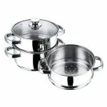 Vinod Stainless Steel 3 Tier Steamer/Momo/Modak Maker with Glass Lid & Riveted Handles- 20 cm (Induction and Gas Stove Friendly), 2 Year Warranty, Silver