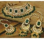 Gyaan Jewels Handmade Alloy Necklace, Earring and Maang Tikka Set Green, Gold, White (Women) Free Size