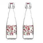 SAND DUNE Flower Fire Printed Glass Clip Top Cap Water Bottle-Fridge Bottle(1000ml,set 2)