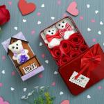 Webelkart Love Teddy Bear On Wood Stand Gift Box with Red Square Shape Box with 6 Roses Valentine Gift