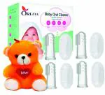OREAYU 4 pcs Finger Toothbrush Storage Case & Baby Teddy Bear, Tongue Cleaner for Baby Teething/Gums, Food Grade Silicone Teeth Cleaner Oral Cavity Cleaning Brush for Infant Kids Toddler
