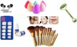 Lenon 6 Sponge Puff with 12 Pcs Brush & Black Brown Gel Eyeliner & Facial Roller , Fake 100 Nails with 2 Nail Glue Bottle (12 Items in the set)