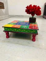 Wooden Palm Decorative bajot Wooden Hand Painted Artwork Square Shape Chowki | Bajot for Pooja/Multi-Purpose Painted Chowki | Chowki Aasan with Hand Painted Stool | Puja Bajot for Home Décor (15 Inch)