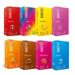 SKORE New Adventure Pack Condoms - 10 Pieces, chocolate, strawberry, banana, orange, shades, not out, blues, dots (Set of 8, 80 Sheets)