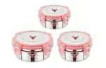 VARNA STAINLESS STEEL Lunch Box Tiffin Containers with Clip lock Seal, Mirror Finish & Leakproof Fusion Container Box for School, Office, Travel (Pack of 3-100 ML,250 ML,350 ML)-Pink