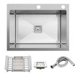 Respite Silver Stainless Steel Handmade Kitchen Sink Single Bowl With Tap Hole With Fruit Basket, Coupling And Waste Set, 24 X18 X10 Inch