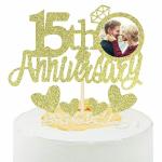 Zyozique Gold Glitter 15th Anniversary Cake Topper with Diamond Ring Heart Cake Topper
