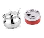 BLUE WONDER Stainless Steel Multipurpose Ghee Pot/Pickle Container with Spoon With Plastic Ash Tray Base Stainless Steel Tabletop Decor Closed Printing Unbreakable Ashtray and (Multicolour, Pack of 2)