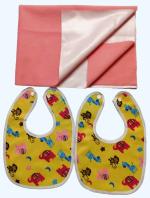 Maalove Combo of Baby Soft Breathable Washable Small Drysheet 50x70cm 1 unit Salmon Rose and Feeding Bibs Pack of 2 Yellow