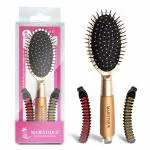 Majestique Detangler Hair Brush with Banana Clips | Oval Shape Brush Ball Tip Synthetic Bristles | Banana Hair Clips for Thick Hair, Non-slip Ponytail Holder Clip - 3Pcs/Multicolor
