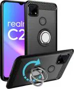 Unistuff Back Case Cover for Realme C25 with Magnetic Kickstand | Premium Matte Finish | Camera Bump Protection | Rubberized Ring Cover - Night Black, 76558