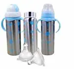 CHILDCHIC 3 in 1 Baby Feeding Bottle Thermo-Steel Multifunctional-Sipper; Nipple & Straw 240 ML;Baby Feeding Bottle and 2 Natural Feeding Nipples for Baby Milk Feeding Bottle-Choose Color (Blue)