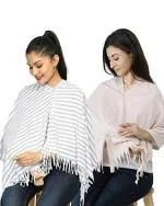 nene Breastfeeding Multi Purpose Scarf The Jersey Cotton Nursing Shawl, Breathable Breastfeeding Cover- Pack of 2 Large Size 180cmX55cm (Navy) (Grey - Pink Stripes)