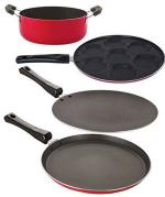 Nirlon 4 pcs of Red, Black 3 Layer Non-stick Aluminium Coated Kitchenware Cooking Utensils Set with Bakelite Handle Standard