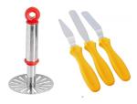URBAN BUY Stainless Steel Pav Bhaji Masher With 3 Pcs Pallet Knife Set and Multicolour, Pack of 2