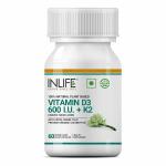 INLIFE Plant Based Vegan Vitamin D3 K2 Supplement for Bone Health & Immune Support, 600 IU - 60 Vegan Capsules (Pack of 1, 60)