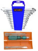 ACHRO 918 Universal Tool Kit Set for Home/Garage/Car/Bike/Industry (Set of 18 pcs Tool kit) Contains 6 Pcs Screwdriver Set + 12 Pcs Combination Spanner Set