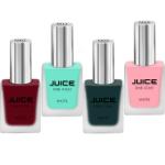 JUICE ONE COAT NAIL PAINT COMBO HUNT CLUB GREEN - M05, VELVET RED - M07, LEMONADE - M09, MIAMI GREEN - M11 LONG LASTING 11ML EACH PACK OF 4
