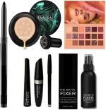 Plethora Waterproof Eye Kajal Black +3 in 1 Eye Makeup Combo(Eyeliner,Mascara,Eyebrow Pencil) + Makeup Fixer + Nude New Edition Makeup Eyeshadow + Sunisa Mushroom Head Air Cushon CC Cream Makeup Foundation