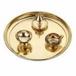 Dokchan Traditional Handcrafted Brass Puja Thali Aarti Plate Set of 4 Piece 8 Inch Round Golden