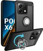 Unistuff Back Case Cover for Poco X6 5G with Magnetic Kickstand | Premium Matte Finish | Camera Bump Protection | Rubberized Ring Cover - Night Black, 78562