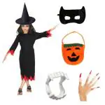 Kaku Fancy Dresses Halloween Witch Costume With Hat, Teeth, Mask, Nails (5 Pcs) & Pumpkin Bag For Kids