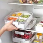 ECOVISTA Plastic 4 Divided Fridge Organiser With Lid Handle Snackle Box Charcuterie Board Container Storage Organizer, Fruit Spices Candy Veggie Nuts & Snacks For Party Travel & Picnic White Clear Organizer for Candy, Fruits,.Diwali Mukhvas Dabba[1 pcs]