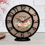 Random Smart Flowers 8 Inches Plastic Wall Cum Table Clock for Home/ Office, (Black Frame)
