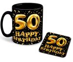 Whats Your Kick Happy 50th Birthday Golden Design Ceramic Black Patch Coffee Mug with Coaster 325 ML