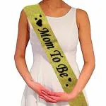AMFIN Mom to Be Sash, Baby Shower Decorations Gifts for Welcome Boy or Girl / Pregnancy Sash for Newborn Party Celebration / Maternity Photoshoot Accessories for Women - Golden with Black Text