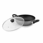 Fackelmann Non-Stick Aluminium deep Kadai with Glass Lid (265 mm Grey Color) Induction Cookware