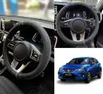 Oshotto SC-18 Fiber Leather Car Steering Cover Compatible with Maruti Suzuki Baleno (Black, Grey)