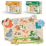 Little Berry My First Wooden Puzzle Tray (Set of 3): Jungle Animals & Farm Animals - Knob and Peg Puzzle Multicolour - 20