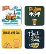 Whats Your Kick Tea Lover Samosa Aur Chai Quotes Printed Set of 4 Coaster With Metal Stand