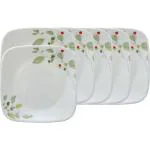 CORELLE Asia Square Round Collection Green Breeze 22.9 cm Medium Plate Pack Of 6 Half Plate (Pack of 6, Microwave Safe)