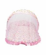 Mee Mee Soft Cushioned Baby Mattress Set with Mosquito Net and Pillow (Large) | 100% Cotton Travel-Friendly Baby Bed (Red) (Light Pink)