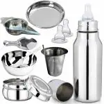 PGD Plain Silver Stainless Steel Baby Feeding Bottle, Deluxe Design with Feeder, Bowl, Idly Spoon, Spoon, Plate, Straw Glass, Food Storage Container Box, 2 Nipples - 350 ml
