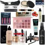 CLASSY HUDA FOUNDATION, HIGHLIGHTER, EYELINER, MASCARA, EYEBROW PENCIL, FIXER, PRIMER, EYESHADOW, MINI LIPSTICK, CONTOUR STICK, LIP BALM, CONCEALER, EYELASHES, FACE POWDER & BRUSHES SET. MAKEUP KIT