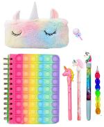 Kobbet Multicolor Cotton 7 Piece Unicorn Stationery Gift Set For Girls School Stationery With Pop It Fidget Ruled Diary, Unicorn Pens, Pencil, Eraser, Stacking Pencil And Unicorn Cute Fur Pouch