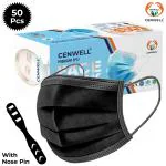 CENWELL 50 Pcs 3 Ply Disposable Surgical Face Mask with Melt-Blown Filter Breathable 3D Design & High Elastic Ear Straps Adjustable Nose Bridge for Unisex (Black)