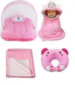 Kanha Poshak Pink 4 Combo Set for Baby ( Baby Neck Pillow, Dry Sheet, Mosquito Net bed, Baby Wrap)